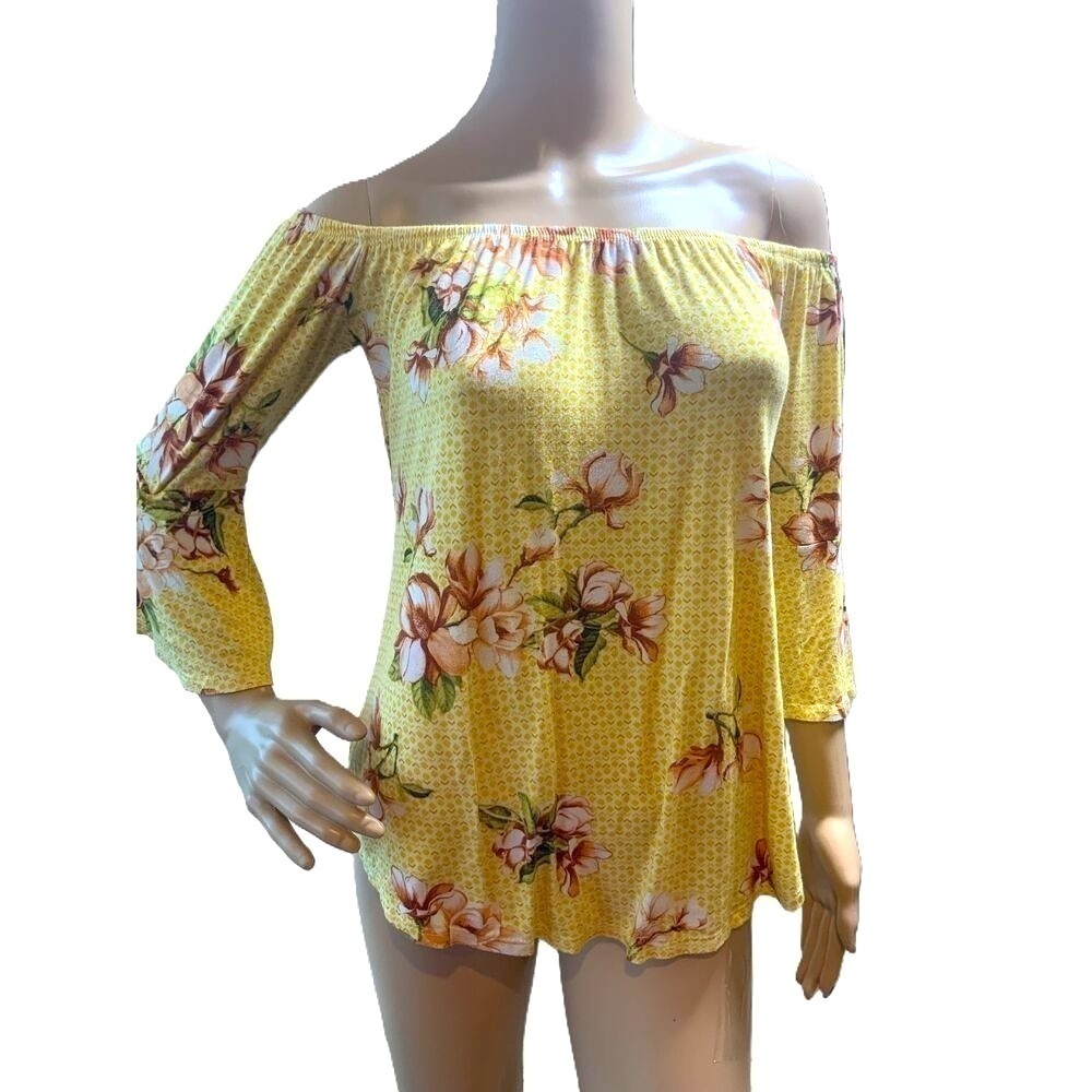 Adara Yellow Floral‎ Off-Shoulder Long Sleeve Cotton Blouse Womens Size Small